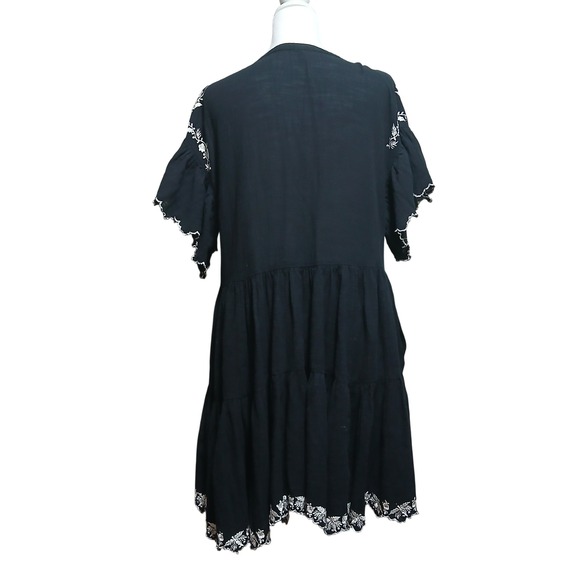 Free People Black Embroidered Gauze Tiered Babydoll Mini Dress Short Sleeve - Picture 6 of 12